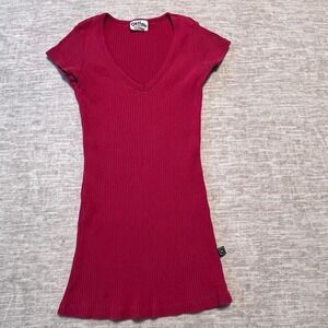 Outlaw USA Ribbed V-Neck Short‎ Sleeve Top Red Stretch Knit Women's Size M Y2K